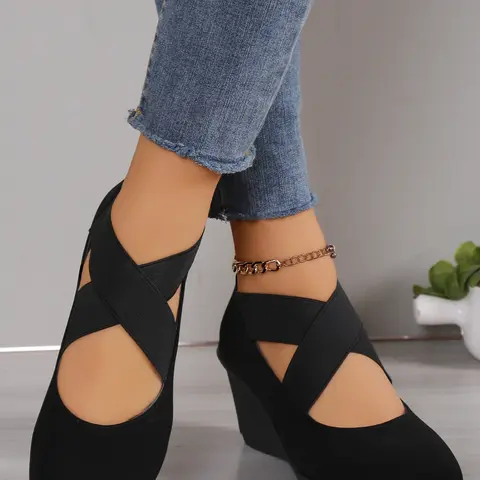 Stylish Cross Elastic Band Women's Shoes, Korean Casual Wedge Slip-On Ballet Flats, Casual Flat Footwear, Comfortable Thick Sole Design for All Seasons