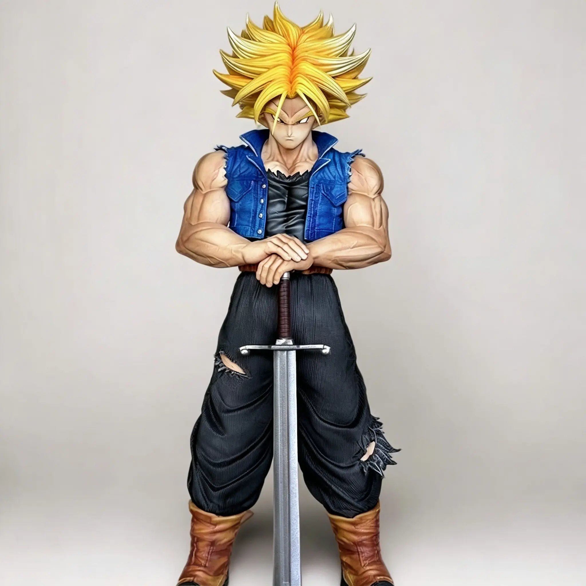 Dragon Ball Future Trunks Figure, Super Saiyan Form, Blue Cowboy Vest, Pants, Gold Hair, Sword Detail, Collectible Model