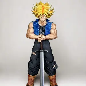 Dragon Ball Future Trunks Figure, Super Saiyan Form, Blue Cowboy Vest, Pants, Gold Hair, Sword Detail, Collectible Model