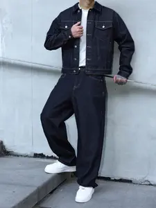 Men's Casual Navy Blue Denim Jacket & Loose Fit Pants Set - Perfect for Spring & Autumn, Comfortable and Stylish jeans pants for men men 2 piece sets cute boyfriend gifts mens jeans black jeans fall clothes winter clothing men work winter clothes