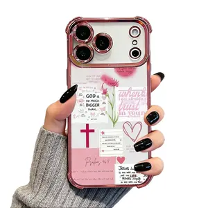 Cute Christian Bible Verse Smartphone Casing, Shockproof Clear Pink Protective Cellphone Cover for iPhone 11-17 Pro Max Plus Air, Handheld Phone Accessories, Religious Faith Gift for Women DDSJ260404002