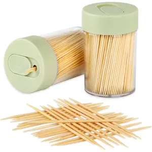 Toothpick Holder with 1000 Count Bamboo Toothpicks for Teeth Cleaning Fruits Round Double-Pointed Wooden Toothpicks for Appetizers Olives