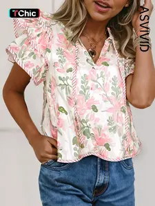 Women's Casual Chic Floral Print Striped Contrast Tiered Ruffled Sleeve Blouse, V Neck Short Sleeve Top Summer