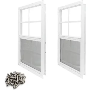2 Pack Shed Window, 12 x 18 Flush Mount Window with Tempered Glass and Fiberglass Screen for Shed, Chicken Coop, Playhouse, Household, Garage
