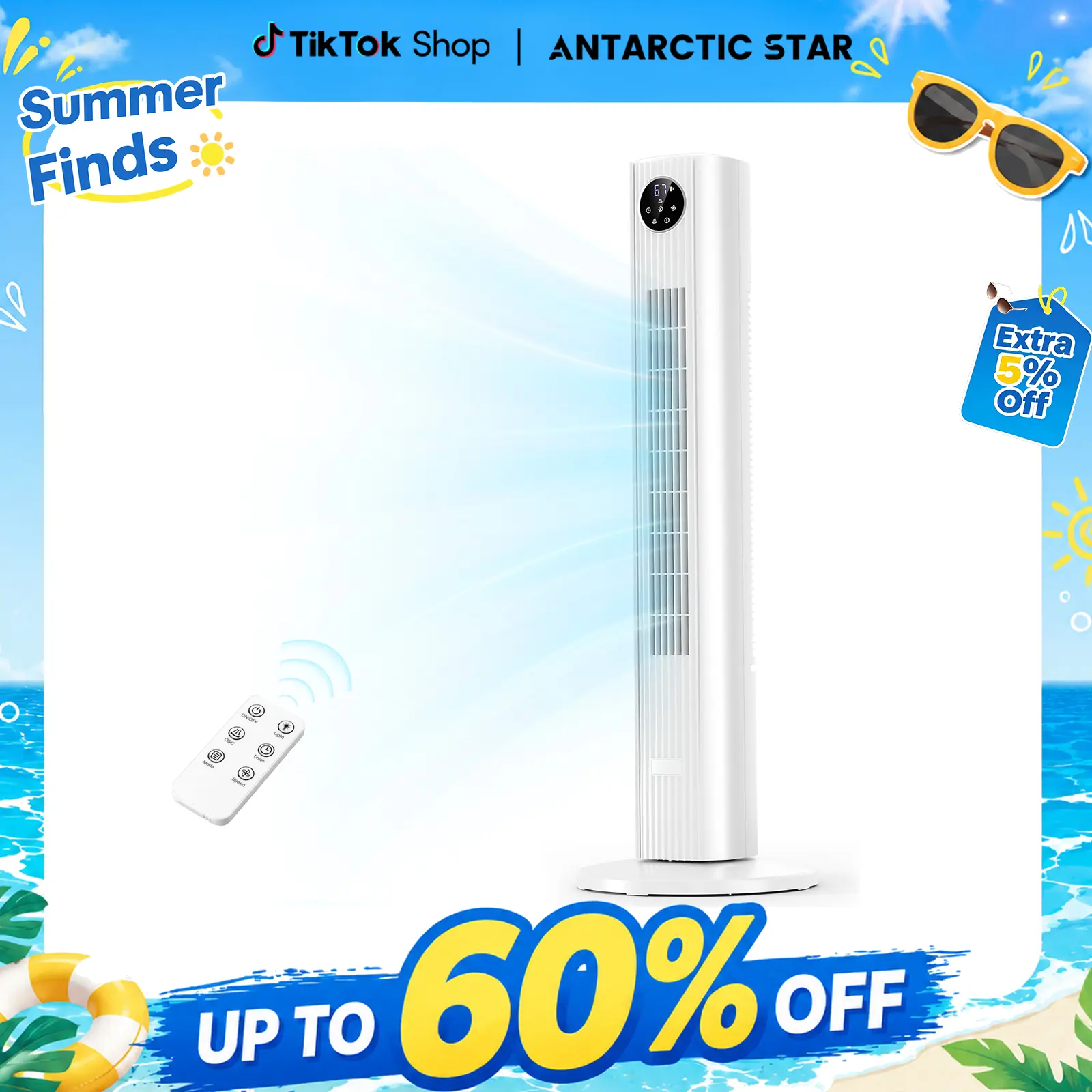 【Not Air Conditioner】Antarctic Star Tower Fan Portable Electric 85° Oscillating Fan with Remote Control, Quiet Operation, 3 Speed Settings & 12H Timer, Bladeless Standing Floor Fan for Bedroom & Office