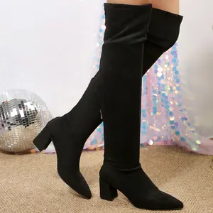 Women's Comfy Over-the-Knee Boots Pointed Toe Chunky Heel Suede-Look Boots for All-Day Wear