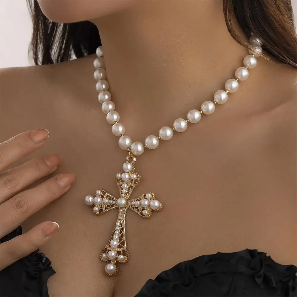 Chunky Pearl Chain Necklace for Women, Elegant Choker with Large Cross Pendant, Bold Design Spiritual Jewelry, 4cm Wide Statement Accessory, Stylish Accessories, Crucifix Necklaces, Cross Necklaces