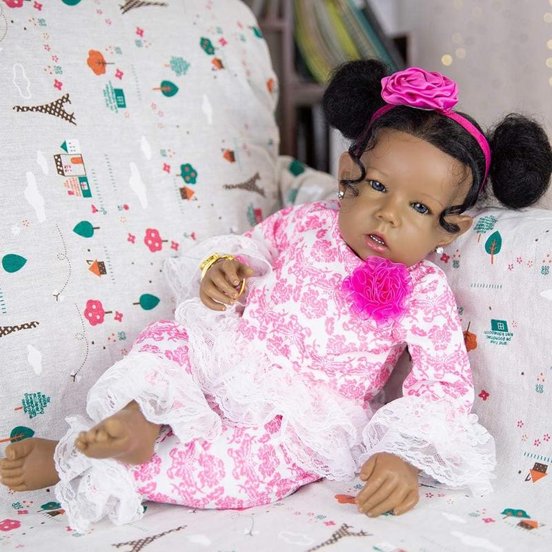 Reborn Baby Dolls Black Girl, African American 20 Inch Realistic Newborn Baby Dolls with Lifelike Soft Body Silicone Limbs Birthday Gift Set for Ages 3+