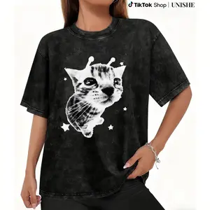 Casual Y2K Alien Cat T-Shirt – Washed Cotton Vintage Meme Kitty Tee for Men’s Fashion