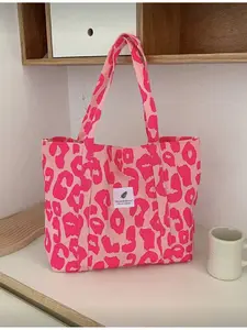 Pink Cow Print Cherry Corduroy Tote Bag with Strap Large Capacity Shopping School Vacation for Teen Girls Women Students Office Ladies Casual Office Handbag