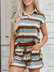 Women's Casual Striped Button Polo Collar Tee Drawstring Elastic Waist Patchwork Set, All Seasons Wear, 2-Piece Set
