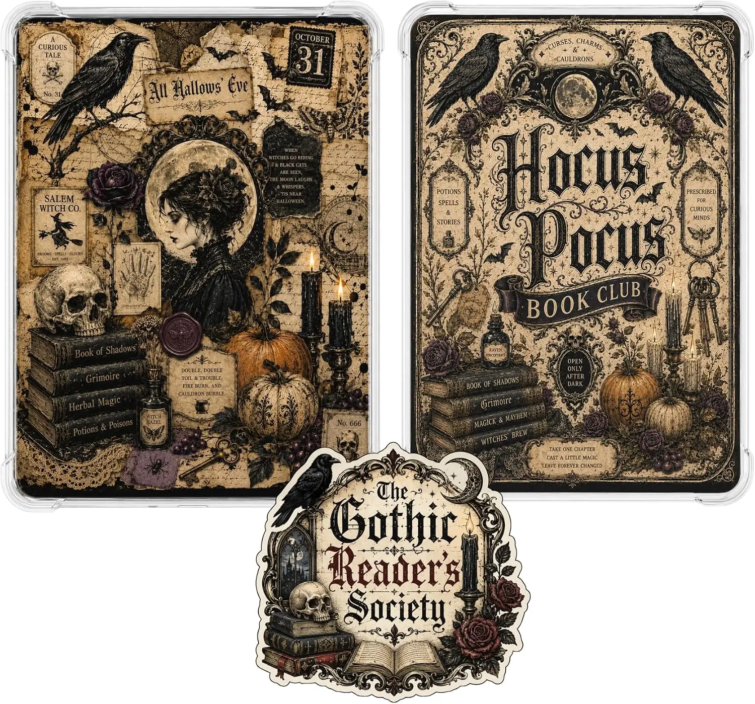 Gothic Halloween Kindle Clear Case Insert Bundle - 2 Laminated Case Inserts and Sticker