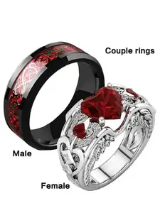 Eternal Heart Shape Ring Set, New Ruby Women's Ring, Men's Ring, Unisex Celtic Dragon Ring, Couple Wedding Anniversary Engagement Promise Rings