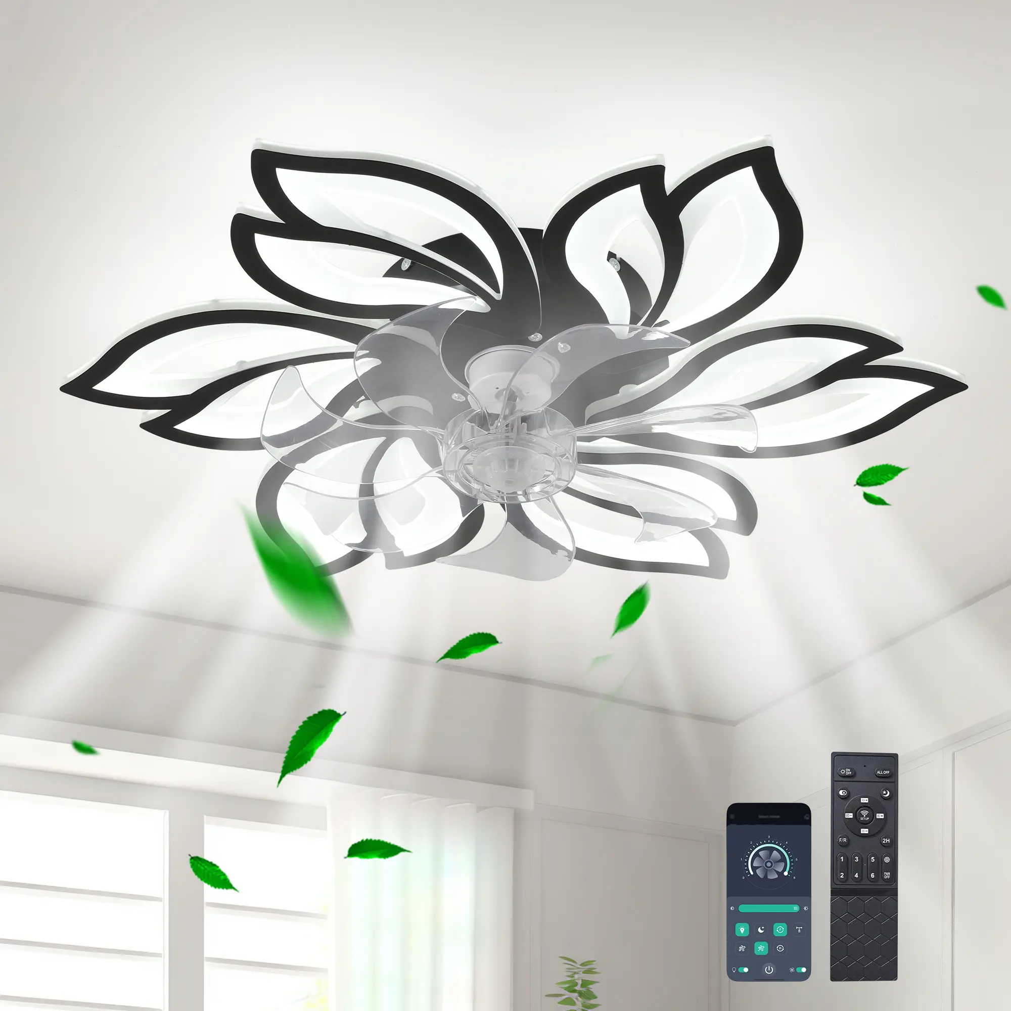 25.5In Stainless Steel Flush Mount Fan Lamp with LED Home Lighting, 60W, 110-240V, Remote Control, Dimmable 6-Speed, 3 Color Temperatures, Reverse Airflow for Indoor Home Improvement Use