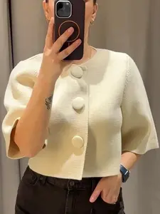 Women's Cropped Knit Cardigan Summer 2026 Fashion Cream Button Sweaters O-Neck Short -Sleeve Bolero Tops For Woman Womenswear Elegant Office Look & High Street Casual Cardigan