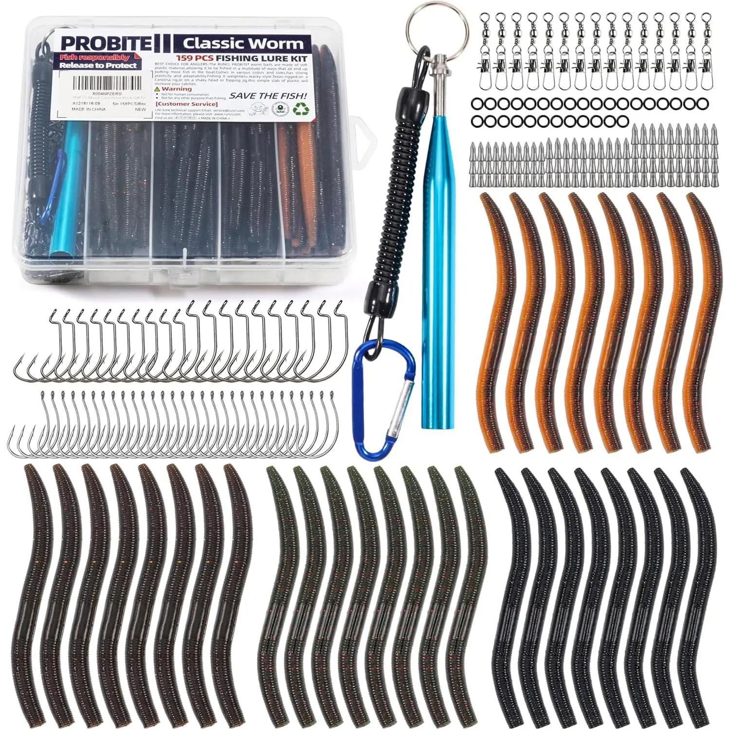 159PCS Stick Worm Baits Wacky Rig Kit for Bass Fishing – Soft Plastic Stick Lures with Hooks, O-Rings, Weights, Swivels, Wacky Tool & Tackle Box for Freshwater & Saltwater sea artificial trout