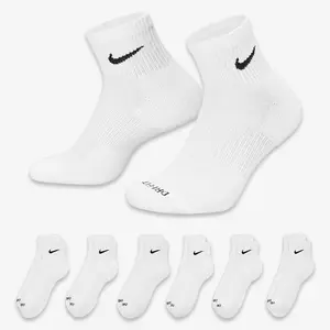 Nike Dri-FIT Everyday Plus Cushioned Mid Training Quarter Ankle Socks (6 Pack) White SX6899-100 Comfortable Comfy Cozy Cotton Unisex for Mens Womens GS Kids Young Junior Holiday Christmas Gift Stocking Stuffer