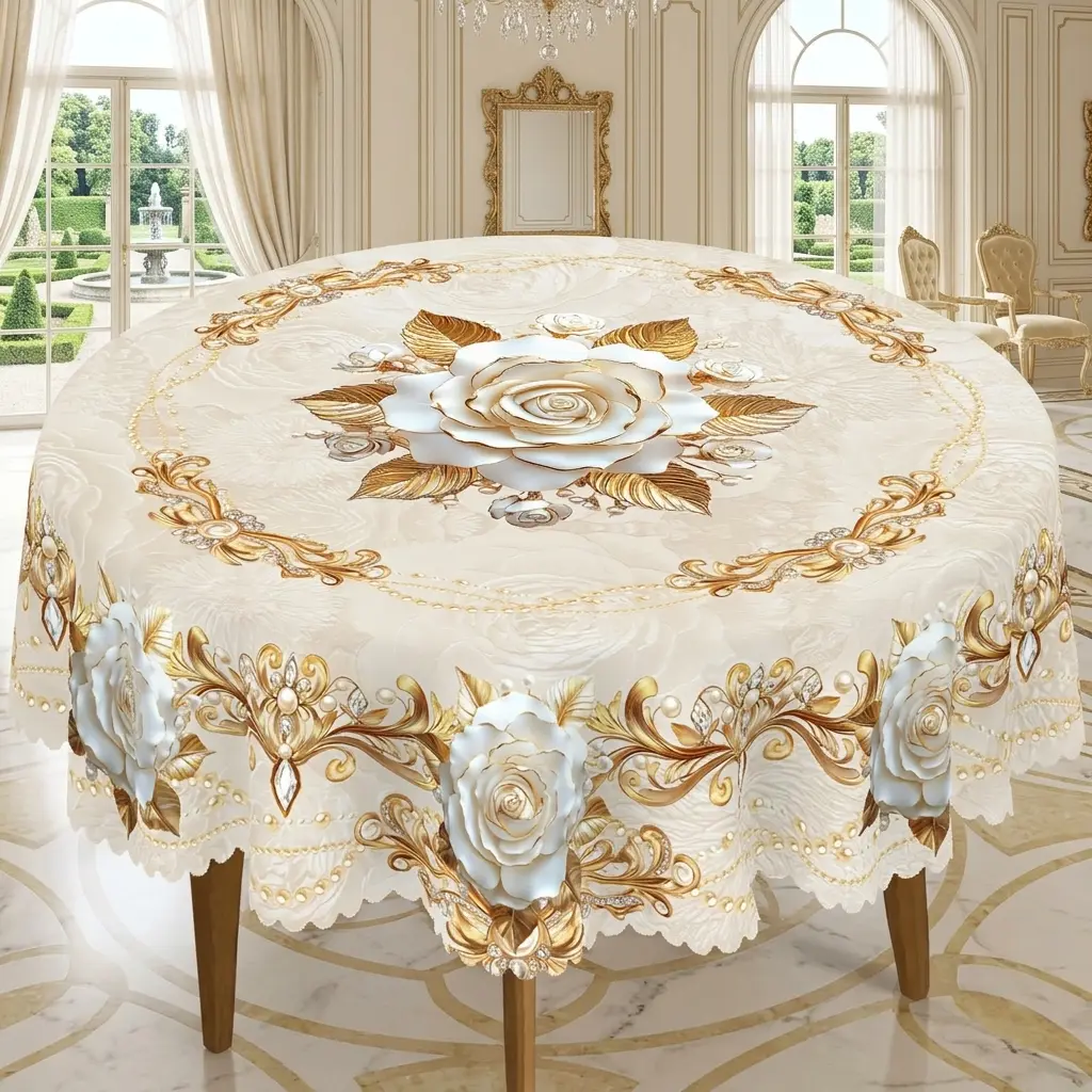 Elegant White & Gold Floral Tablecloth, Round Dining Table Cover with Gray Botanical Print, Luxury Home, Party & Wedding Decor