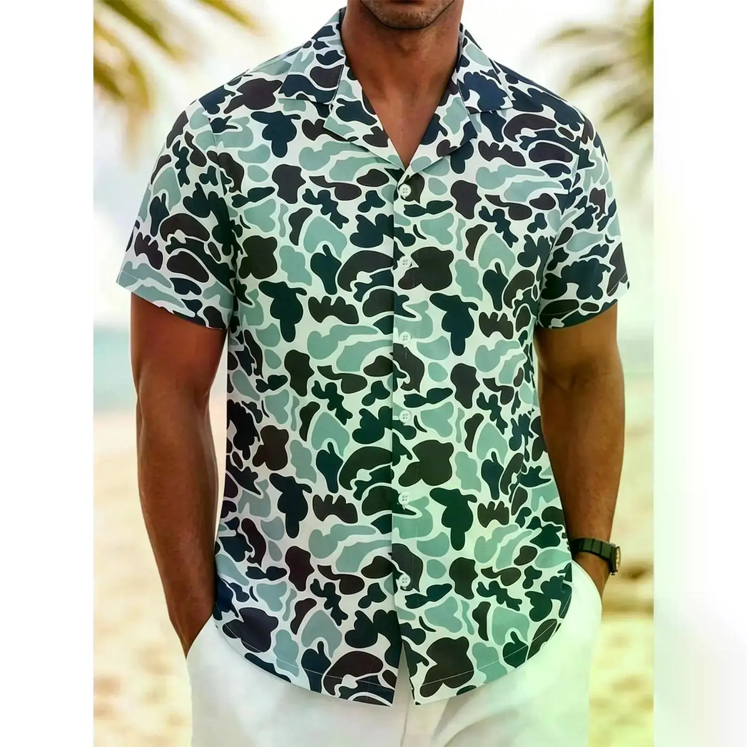Men's Camouflage Cuban Collar Short Sleeve Shirt - Casual Streetwear Hawaiian Beachwear for Daily Wear & Summer Holidays