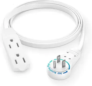3 Ft 360 Rotating Flat Plug Extension Cord/Wire, 16 AWG Multi 3 Outlet Extension Wire, 3 Prong Grounded Wire - White - UL Certified
