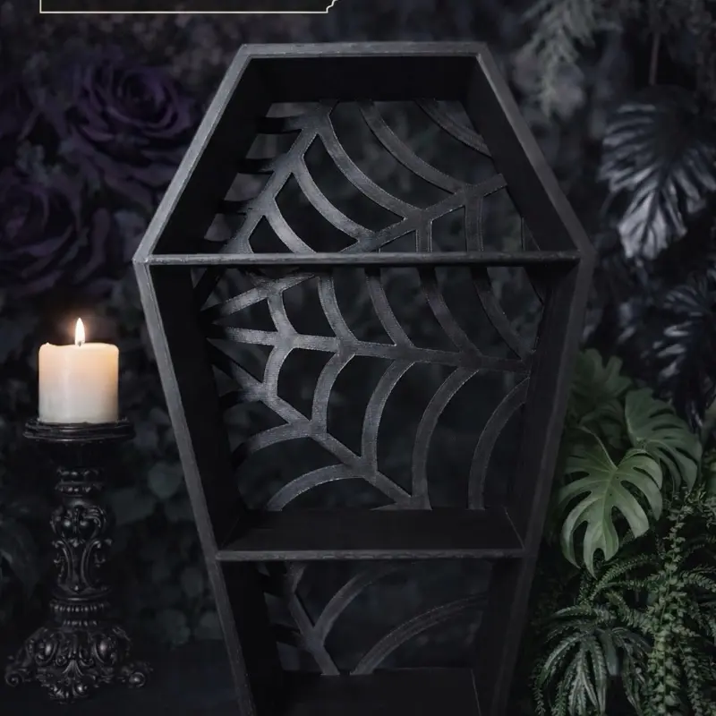 10 Inch Coffin Wall Shelf – Gothic Spiderweb Display Shelf – Multiple Colors