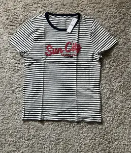 JCREW SLIM-FIT T-SHIRT STRIPED GRAPHIC JERSEY TEE. SIZE M. COLOR: NAVY WHITE. ITEM #CK293. A STRIPED, CREW NECK SHORT SLEEVE TEE WITH A GRAPHIC. 100% COTTON. SLIM FIT. KNIT FABRIC.  BRAND NEW WITH TAG.