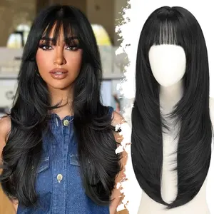 Long Black Wig with Bangs for Women, Layered Hairstyle Synthetic Heat Resistant for Daily Party Use 26 inch