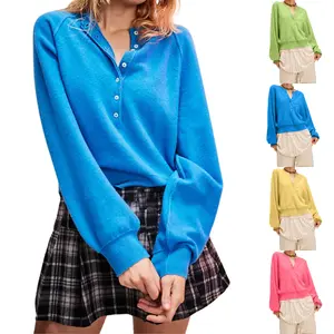 Kingapril Womens Long Sleeve Knitting Sweater Tops Half Button Sweaters Henley Neckline Casual Lightweight Solid Pullover Knitting