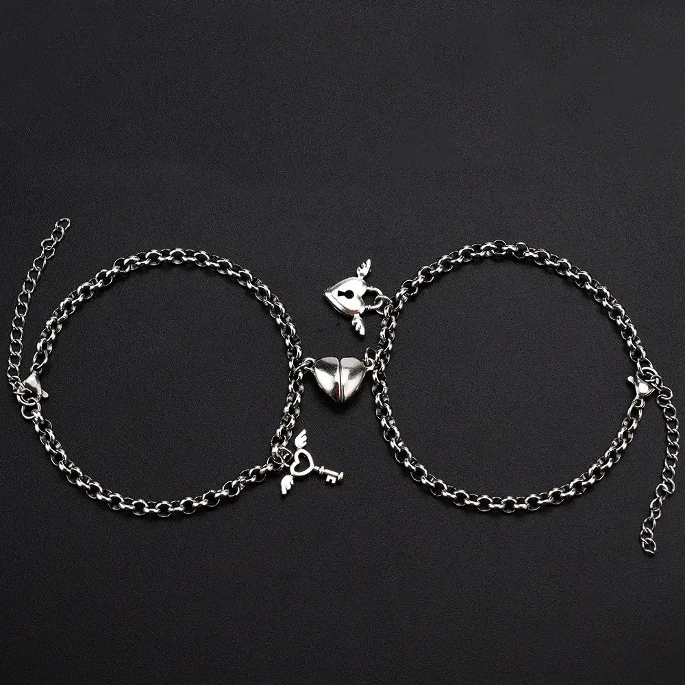 1Pair Romantic Couple Bracelet for Women Men Heart Magnet Lock Key Double Layer Chain Bracelet Trendy Lover Jewelry Gifts