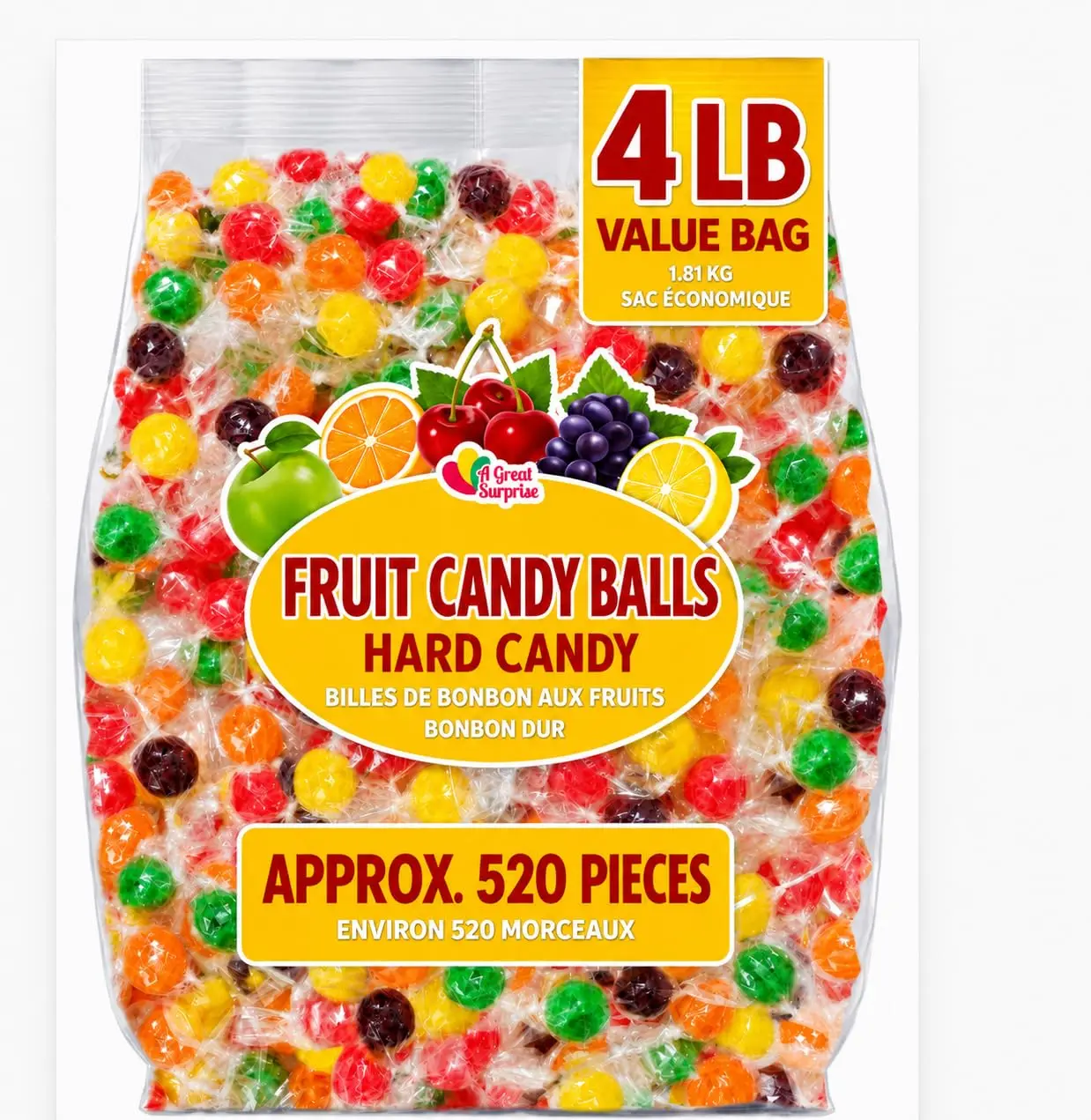 Hard Candy Fruit Balls - 4 Pounds - Fruity Sour Balls - Classic Hard Candies for Office, Desk, Calssroom - Colorful Variety Candy Suckers - Assorted Flavors Orange, Lemon, Grape, Green Apple, Cherry