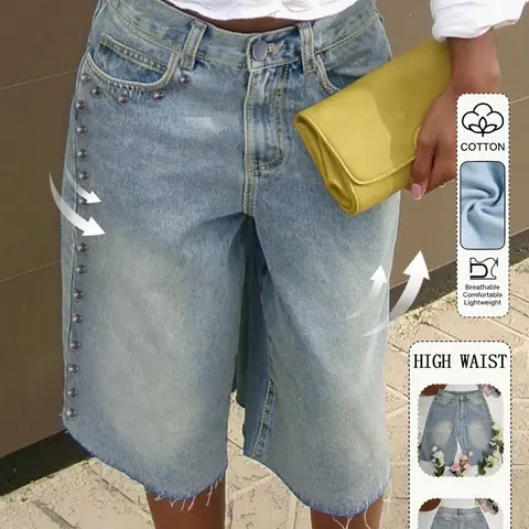 Women's Vintage Rivet Denim Jeans Shorts, Summer New Fashion Loose High Waist Wide-Leg Bermuda Shorts, Basic Casual Style Comfortable Daily Wear, Womenswear, Blue