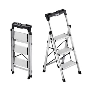 VEVOR 3 Step Ladder, Folding Step Stool with Wide Anti-Slip Pedal and Comfort Handgrip, 330 lbs Capacity Portable Aluminum Stepladder, Multi-Use for Kitchen, Warehouse, Household and Office, Silver