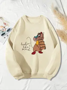 Women's Cartoon & Letter Print Drop Shoulder Thermal Lined Fitted Sweatshirt, Casual Long Sleeve Round Neck Pullover Tops for Fall & Winter, Ladies Clothes for Daily Wear Womenswear