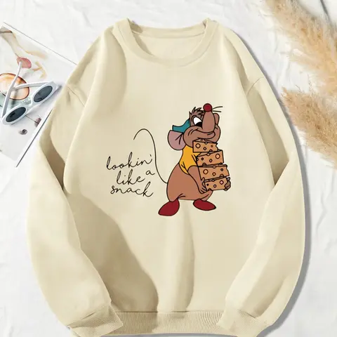 Women's Cartoon & Letter Print Drop Shoulder Soft Thermal Lined Fitted Sweatshirt, Cartoon Print Crewneck, Casual Long Sleeve Round Neck Pullover Tops for Fall & Winter, Ladies Clothes for Daily Wear 1 Piece Womenswear