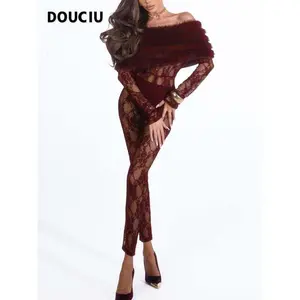 DOUCIU Nightclub Party Tight Sexy Hot Dance Cool Women's Thin Solid Color Lace Patchwork See-through Long Sleeve Off-the-Shoulder Jumpsuit