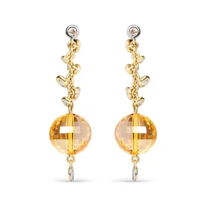 18K Yellow Gold 2/3 Cttw Round Bezel Diamond and 25mm Ball Shaped Yellow Citrine Gemstone Dangle Stud Earring (Brown and G-H Color, SI1-SI2 Clarity)