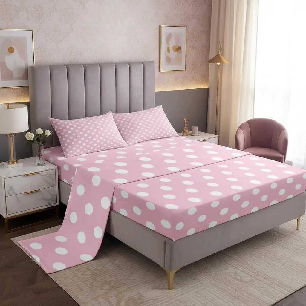 Feelyou Breathable Geometric Circles Bedding Set - Cartoon French-Style Princess Blush Pink & White Linens, Multi-Size, 1 Flat Sheet & 1 Fitted Sheet Included