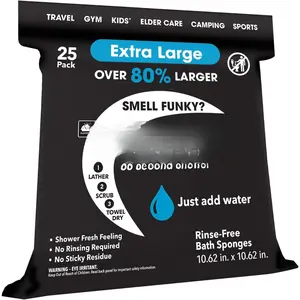 XL 82% Larger Disposable Rinse-Free Bathing Sponge Wipes, AS-SEEN--TV, Cleans Without a Shower, Just Add Water, Lather, Scrub & Dry With No Sticky , Gym, Elder Care,  &
