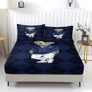 Teddy Bear Pattern Bed Sheet, Comfortable Printed Pattern, Includes 1 Bed Sheet and 2 Pillowcases, Comfortable Bedding, Non slip Dust Cover Suitable for Bedroom and Guest Room, Suitable as a Gift for Children or Adults, Bed Sheets Set