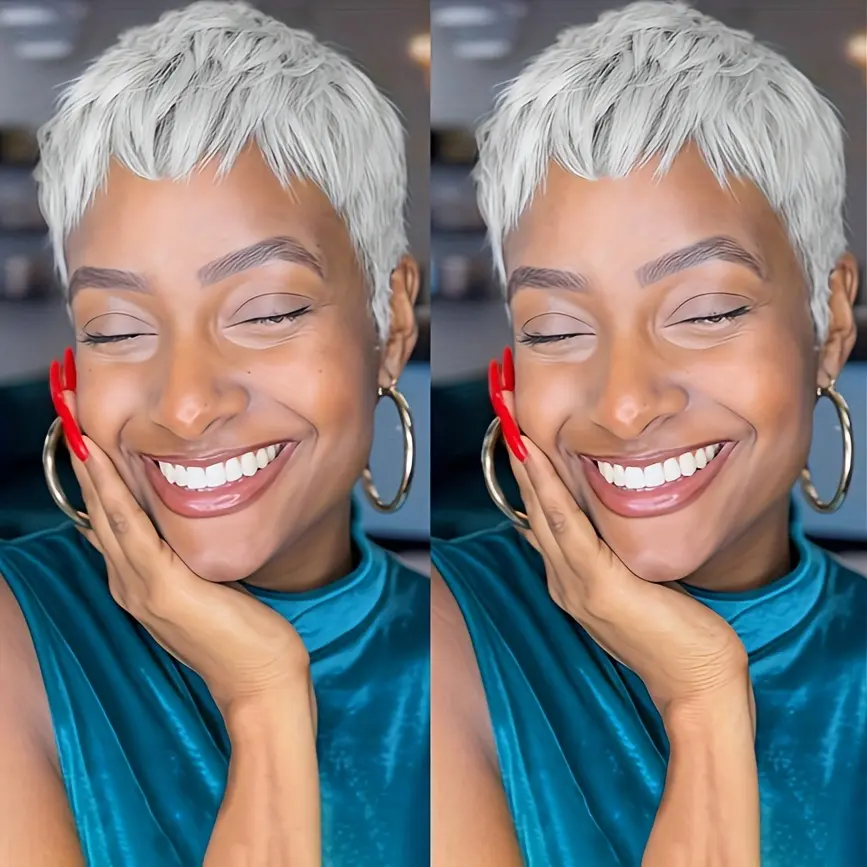 6 Inch Grey Pixie Cut Human Hair Wig With Bangs Short Straight Layered Amazon.com : Creamily Short Grey Pixie Cut Wigs with White  main image 2