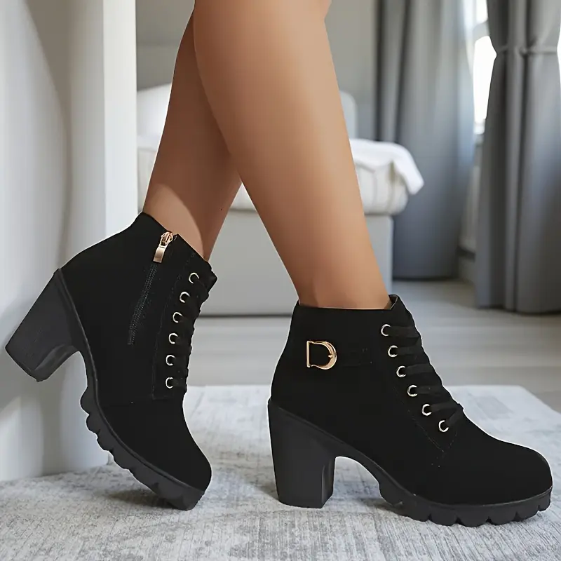 Women's Winter Warm Ankle Boots: Thick Sole & High Heel - Black PU Leather, Side Zipper with Lace-Up Detail, Plain Toe | Chic Everyday Booties | Faux Fur Lined | Rubber Sole,US Size:6.5-10.5