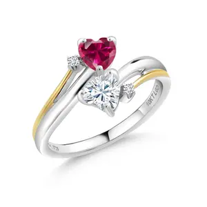 Gem Stone King 2-Heart Couple Mother Engagement Ring for Women | 925 Silver 10K Yellow Gold | 5MM Heart Gemstone Birthstone Moissanite and Lab Grown Diamond Ring