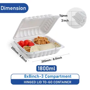 120 Pack 8"x8" Apsic To Go Food Containers - 3 Compartment Heavy Duty Clamshell Take Out Food Containers with Lids - Disposable Plastic Hinged Meal Prep Containers Boxes for Lunch - Microwave & Freezer Safe, White