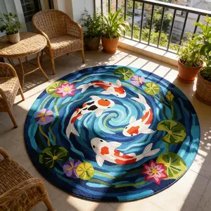 1pc Koi Fish Lotus Pattern Decorative Living Room Carpet, Artistic Blue Sofa Coffee Table Mat, Modern Fashion Bedroom Rug, Floral Pattern Rug, Soft Plush Pad