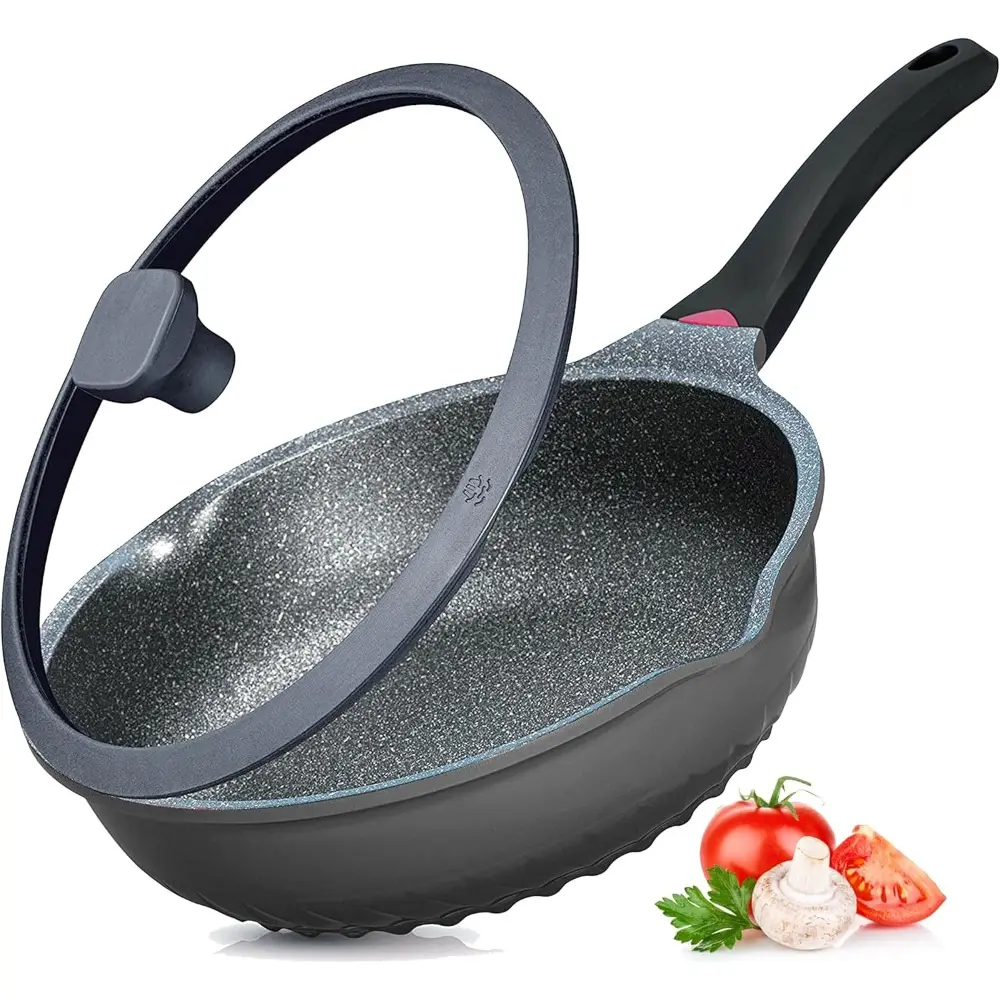 German Nonstick Frying Pan - 11In/5Qt Aluminum Deep Cookware with Lid, Silicon Handles, Heat Indicator, 0.25in Thickness, 12.4in Diameter, Anti-Scratch, Anti-Stain, Fume-Free, Induction Compatible, Shallow Fry & Omelette Pan