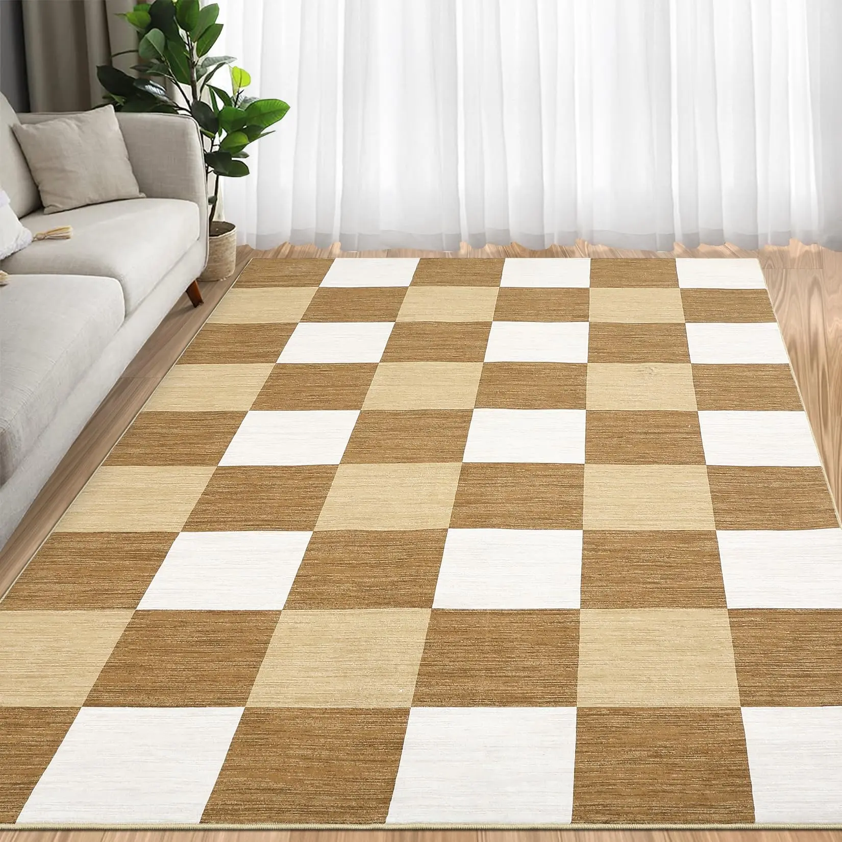 【GARVEE】Soft Machine Washable Area Rug 5x7 Non-Slip Modern Plaid Rug, Non-Shedding Foldable Print Floor Carpet, Low Pile Geometric Decoration Mat for Living Room, Bedroom, Nursery in Camel