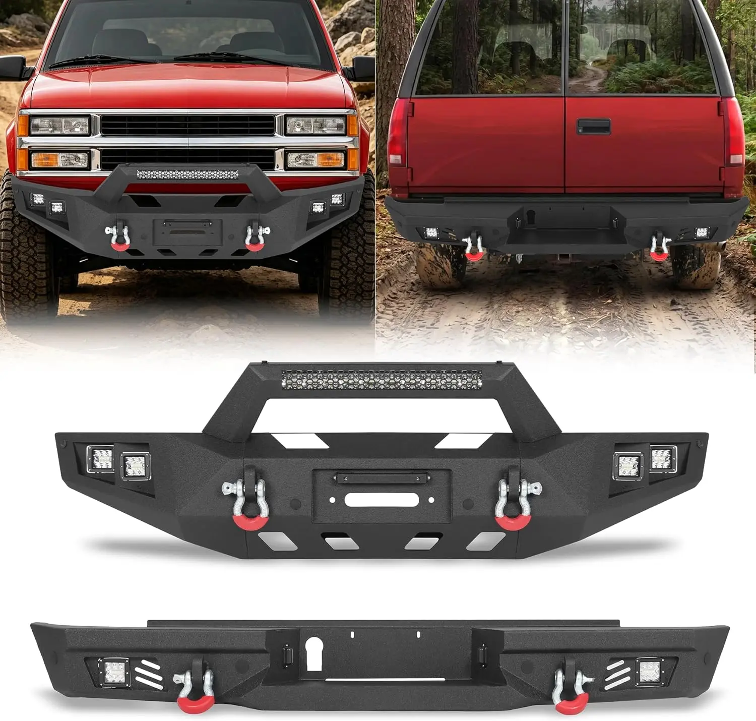 MONOKING Front and Rear Bumper Set for 1992-1999 Chevy Suburban Yukon, 1995-1999 Tahoe Heavy Duty Steel Off-Road Bumper with LED Lights, D-Rings, Winch Plate & Sensor Holes