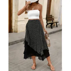 Women’s Polka Dot Maxi Skirt, High Waist Flowy Chiffon Skirt, Ruffle Asymmetrical Hem, Lightweight Breathable A-Line Long Skirt for Vacation, Beach, Streetwear & Summer Outfits