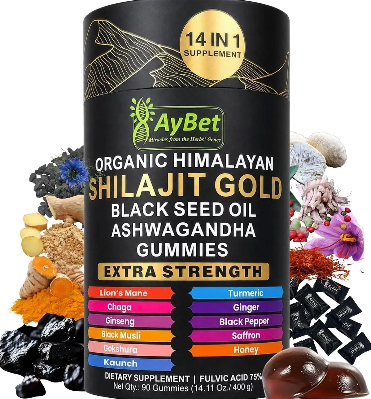 Organic Himalayan Shilajit Gold Gummies for Men and Women, Black Seed Oil, Ashwagandha, Ginseng, Turmeric, Gokshura, Lion's Mane, Lab Tested, No Sugar Added, Halal, 90Gummy