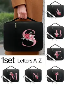 Black Bible bag with dark pink rose monogram print, suitable for holding Bibles, can be used as a portable storage bag, with zipper and pockets, suitable for both men and women, Storage Carrying Bag (zipper position is random, does not include U or V).